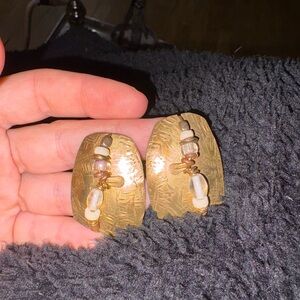 Vintage Gold Textured Earrings with Bead Accents